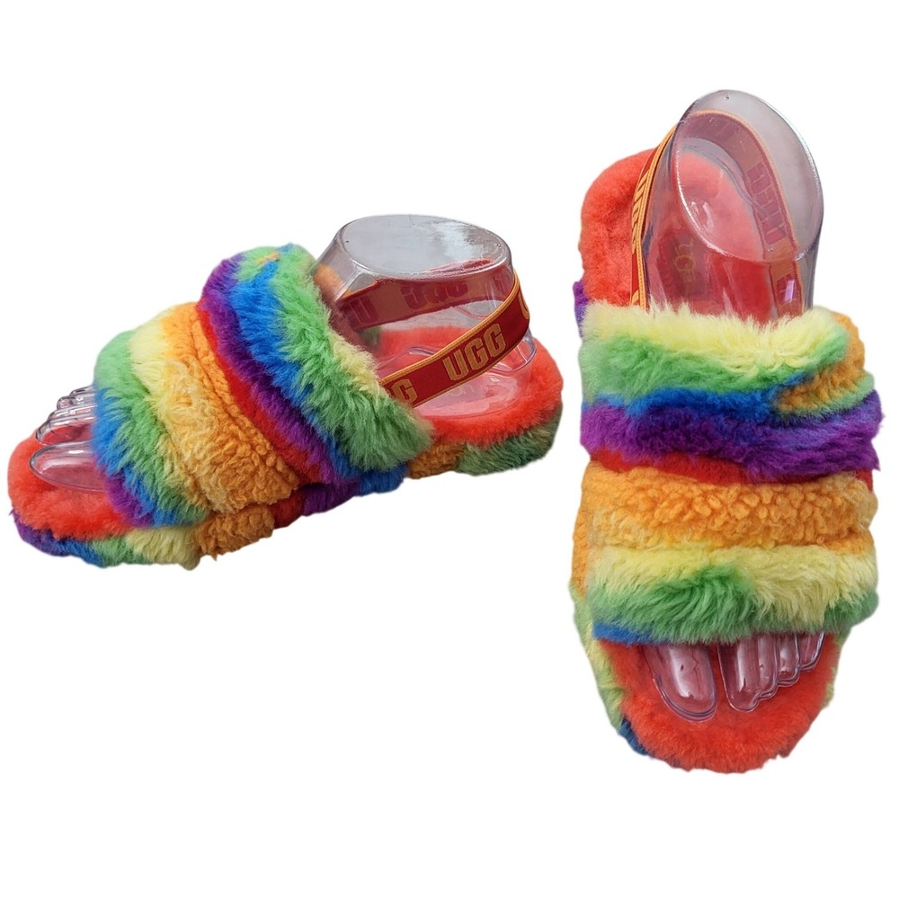 UGG Kids‎ Fluff Yeah Rainbow Slide Sandals Multi Color Faux Fur Girls size 4